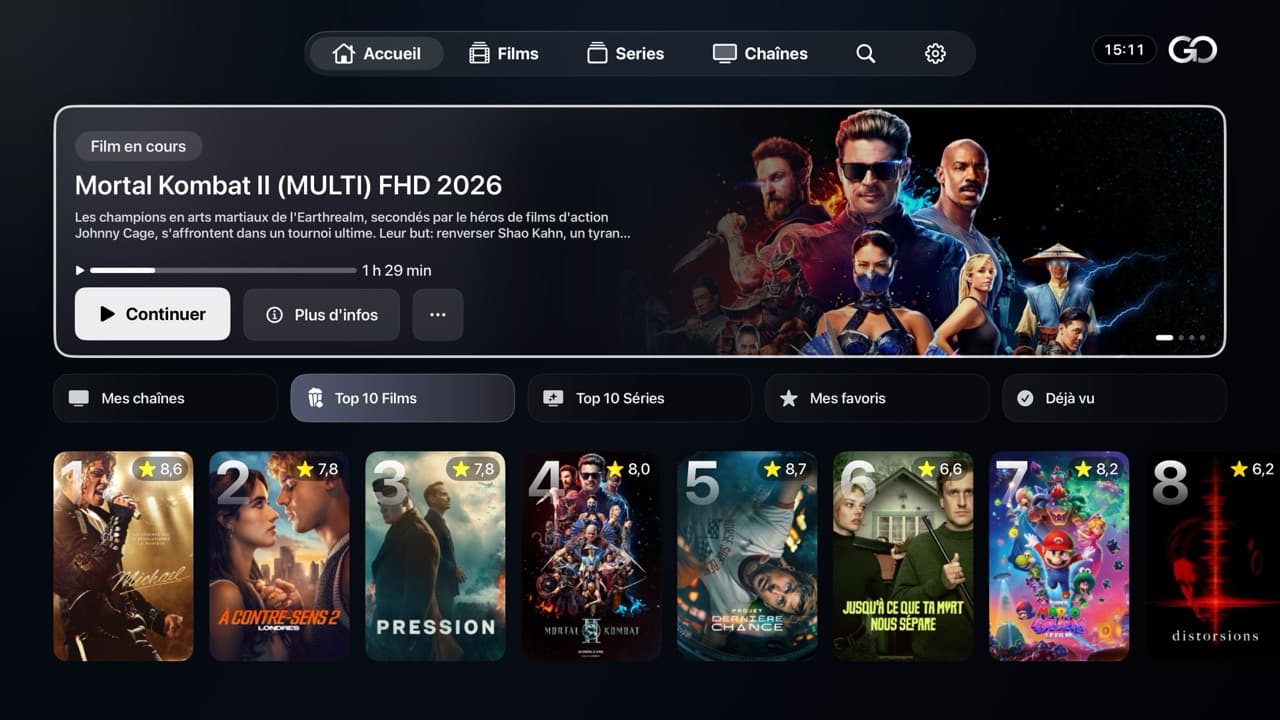 Interface IPTV GO sur Apple TV — accueil avec Top 10 Films